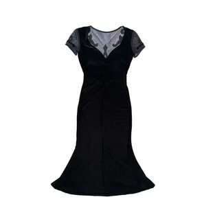 Cache Black Velvet Maxi Dress Mesh Jewel Back Sweetheart Neckline Size 4 VTG 90s